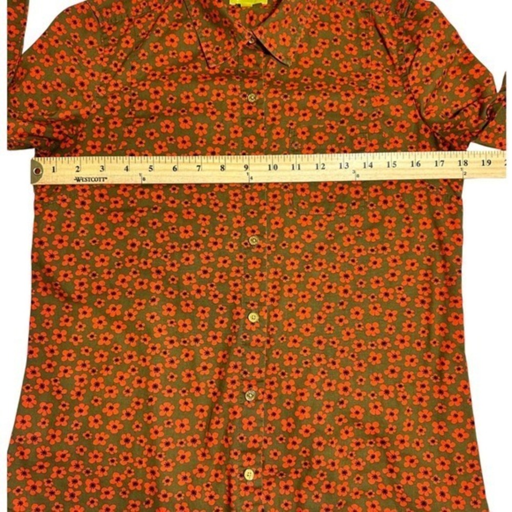 QMack Floral Button Down Shirt Womens S Orange Olive Green Excellent Cotton - Picture 6 of 8